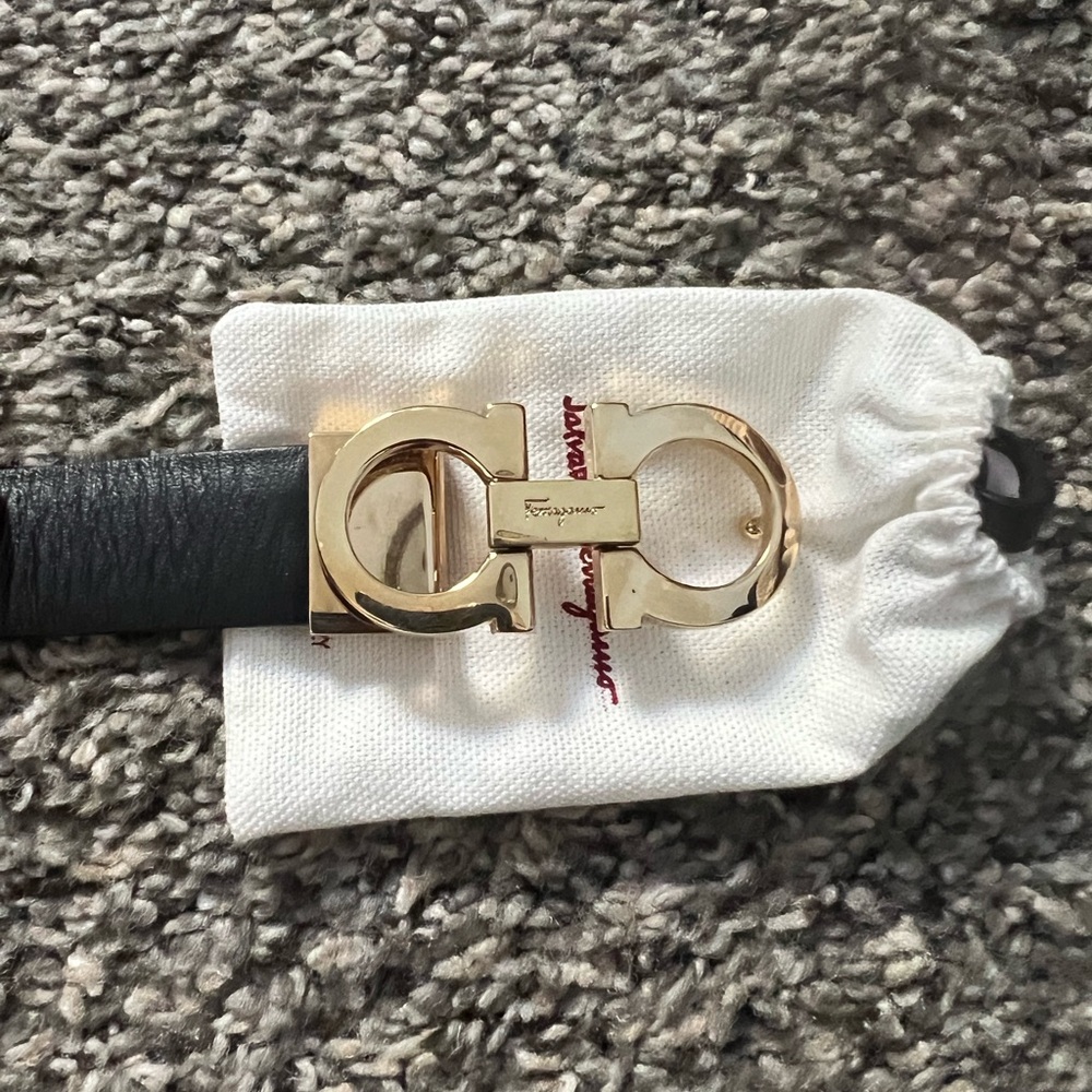 Salvatore Ferragamo Black Leather Belt with Gold Buckle